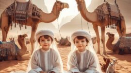 Ilustrasi anak kembar mengenakan Gamis (Foto: AI)